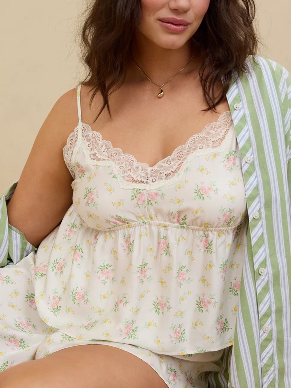 aerie Off Duty Satin Floral Lace-Trim Tie Back White Camisole Small